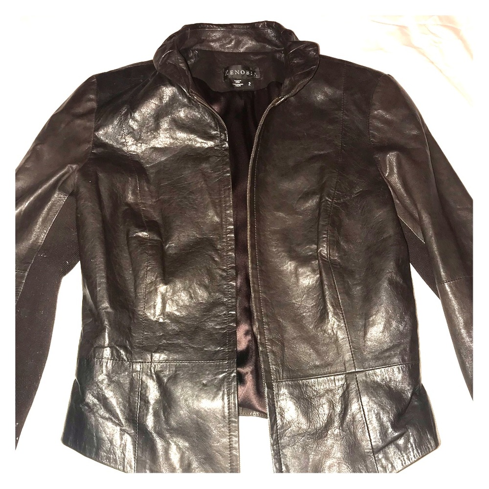 Black Zenobia Leather Ruffled Collar Jacket